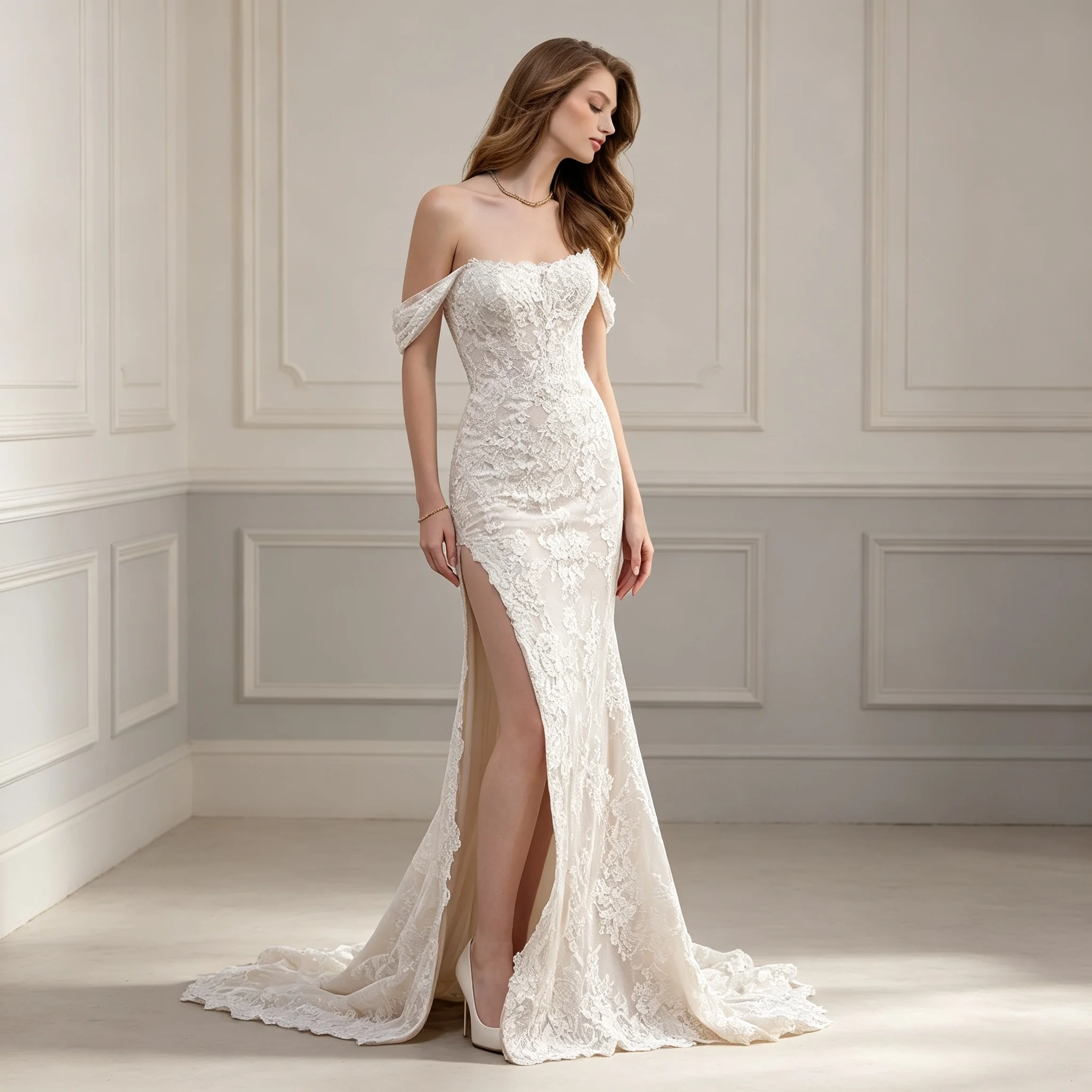 Off Shoulder Scalloped Lace Mermaid Wedding Dress Removable Cap Sleeves Sequin Floral Corset High Slit Bohemian Beach BridalGown