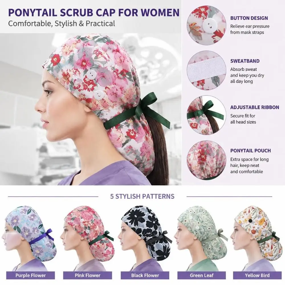 Practical Ponytail Pouch Satin Scrub Caps Button Closure Frizz Reducing Working Cap Adjustable Tie Bouffant Hats Unisex