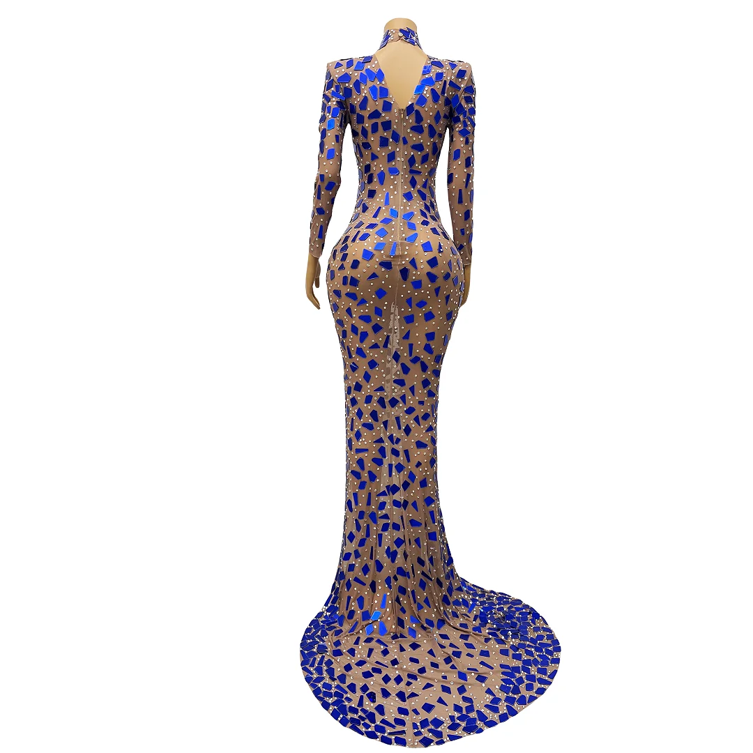 Evening Celebrate luxurious Blue Mirrors Transparent Long Train Dress Fashion Rhinestones Performance Outfit Costume lanjing