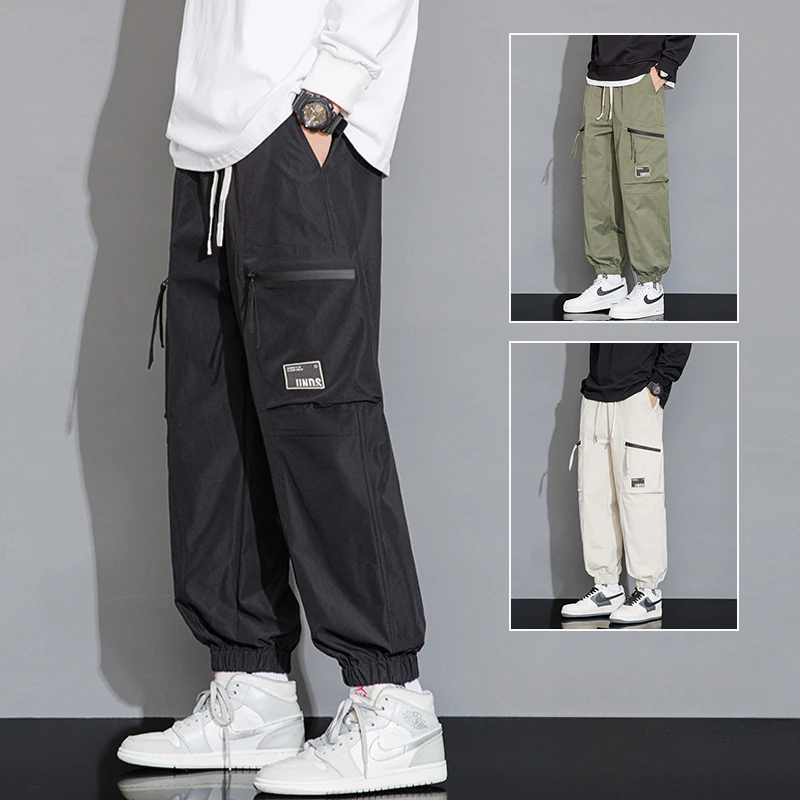 Straight-Leg Cargo Pants for Men, Featuring Multiple Pockets and Adjustable Drawstring Waist