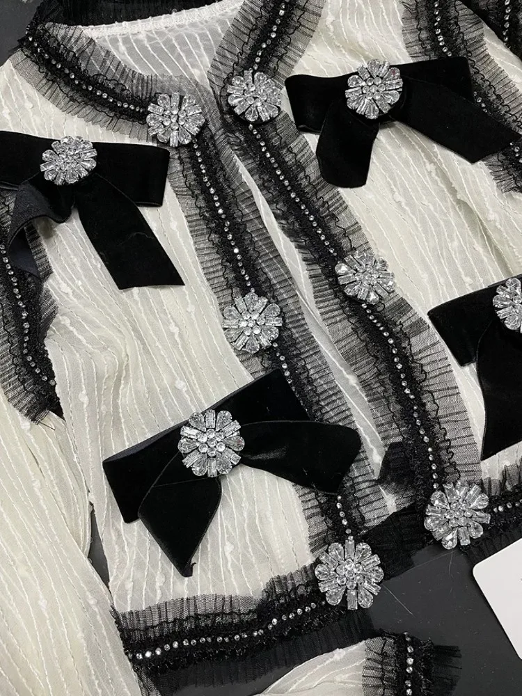 New Designer Women Crystal Beading Short Jacket Summer Hollow Out Sexy Coat Ladies Party Shiny Diamonds Bowknot Ruffles Jackets
