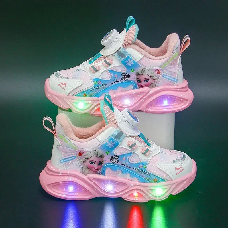 Disney Frozen Girls scarpe Casual LED Light Sneakers Elsa Princess Shoes autunno e inverno calde scarpe Casual regalo di compleanno per bambini