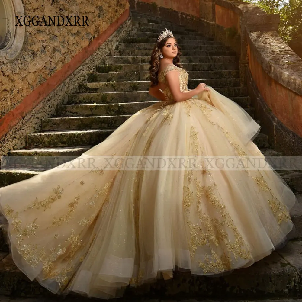 Champagne Gold Quinceanera Dress 2023 V Neck Beading Applique Ball Gown Prom Sweet 15 16 Years Girl Birthday Party Bridal Gown