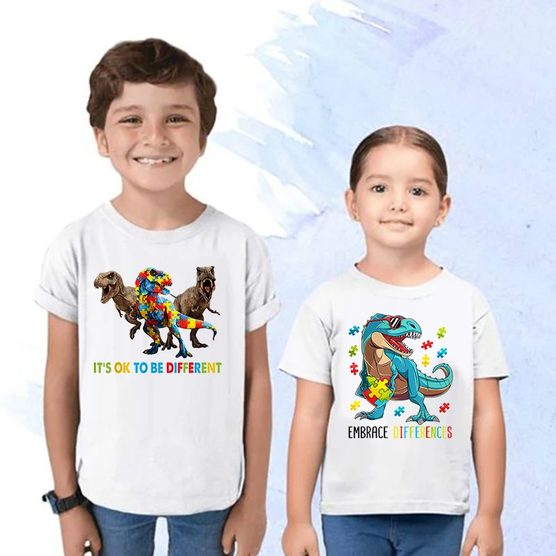 

It's Ok To Be Different Print T-shirt Autism Awareness Shirt Dinosure T Shirt Autism Top Puzzle Piece Autism Gifts for Youth Kid