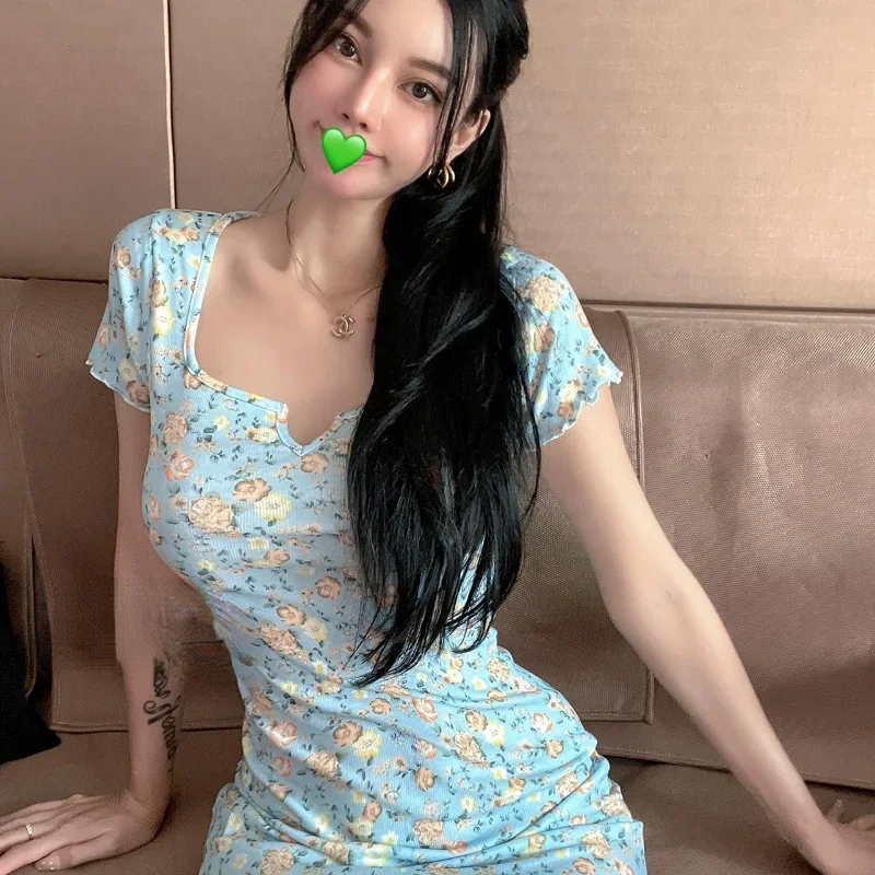 فستان للنساء بتصميم صغير غمد مزين بالزهور للفتيات الجميلات الساخنة بقصة ضيقة على الطراز الكوري الأساسي اليومي فيستدوس موضة الصيف العطاء الأنيق