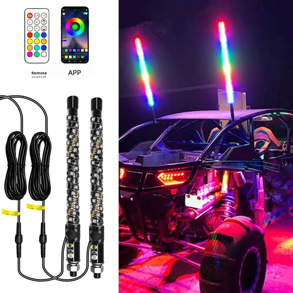 2PCS Remote Control 1FT Whip Light LED Colorful Flagpole Lights Decorative Lamp Waterproof Spiral Antenna Whips Lights for Off