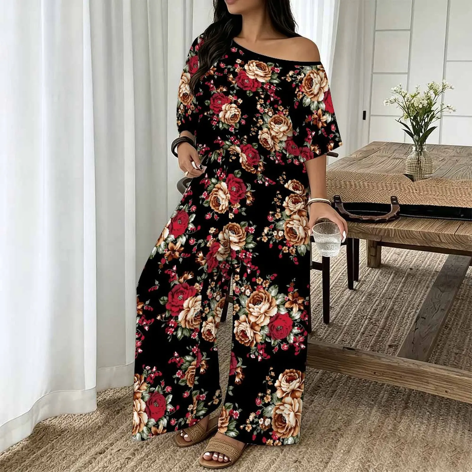 Plus Size Vintage Print Two Piece Set Ladies Casual Sloping Shoulders Short Sleeved Elegance Tops Everyday Street Sport Pants