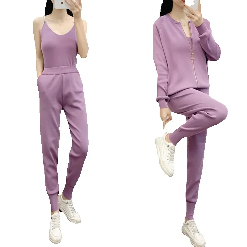 JY Spring and Autumn women's zipper knitted cardigan sweater+pants set+vest women's fashion pullover pants 3-piece set