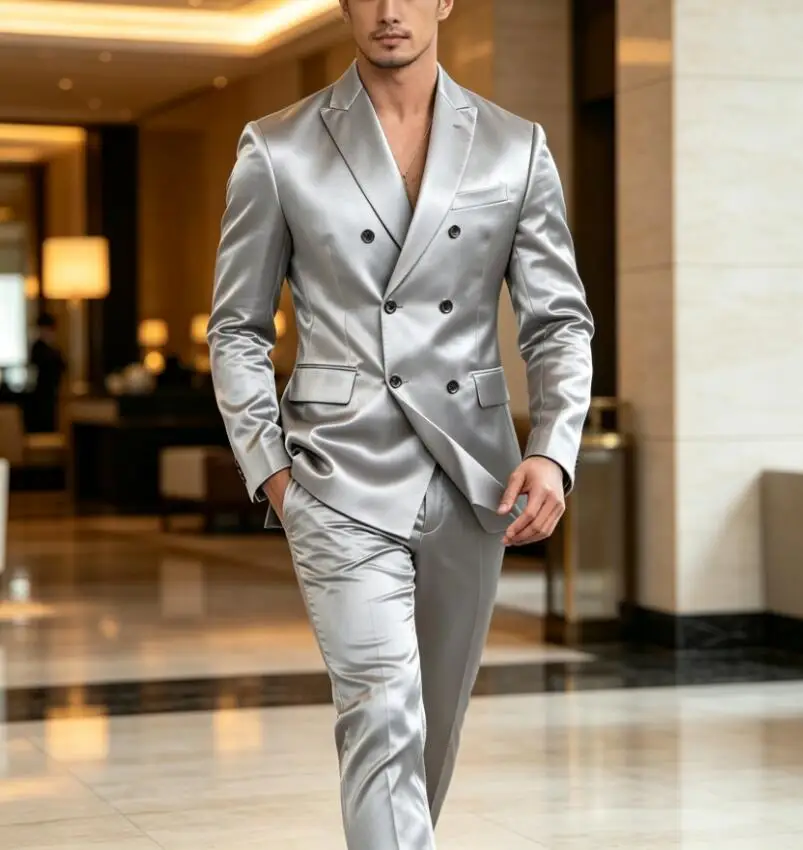Latest Shiny Grey Satin Suits Jacket Pants Double Breasted Peak Lapel Men Suits Terno Masculino Groom Wedding Prom Party Tuxedo