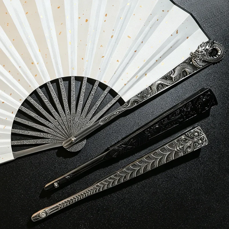 Ancient Style Alloy Folding Fan Metal Ribbon Silk Surface Chinese Retro Hand Fan Collection Decor For Home Art Ornament