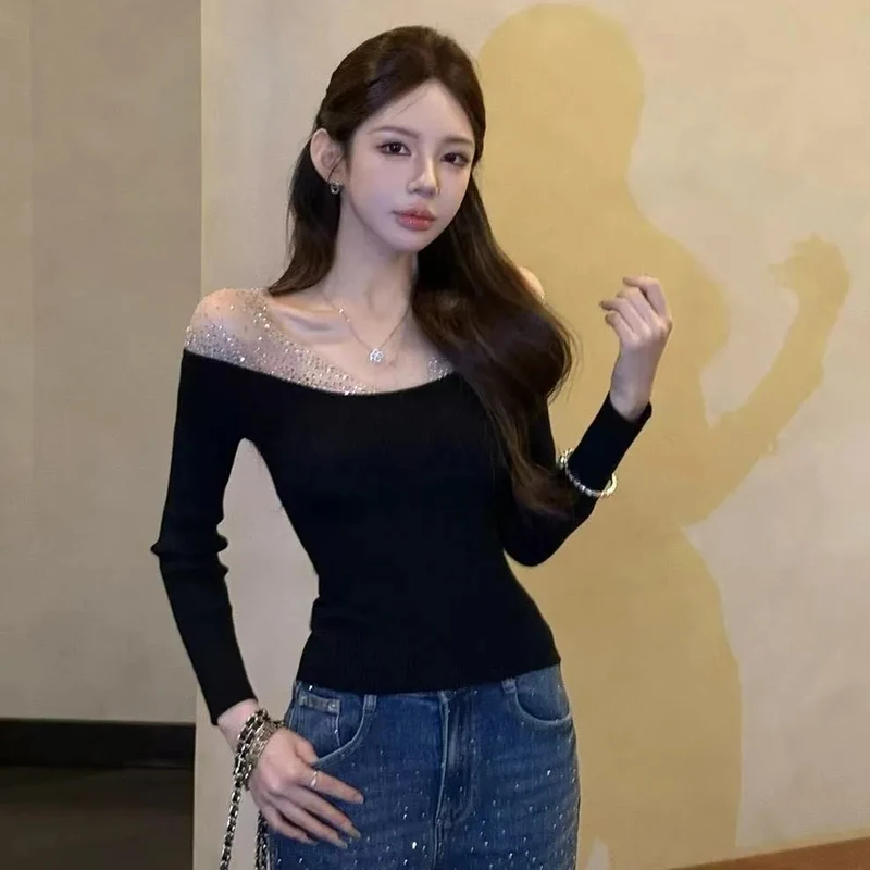 

Korean Slim Fit T Shirt Women Autumn Long Sleeve Diamonds Mesh Patchwork Tees Female Black Chic Simple Casual Sexy Cropped Tops