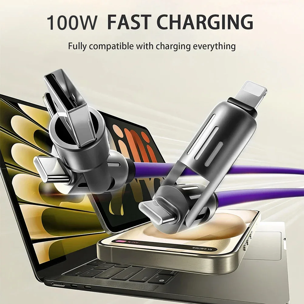 100W شحن سريع للغاية 4in1 كابل بيانات USB من النوع C من السيليكون السائل من سبائك الألومنيوم