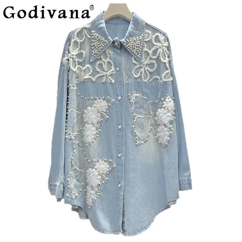 

Women's 2025 New Heavy Industry Bead Butterfly Autumn Denim Shirt Chic Fashion Long Sleeve Versatile Irregular Light Blue Top