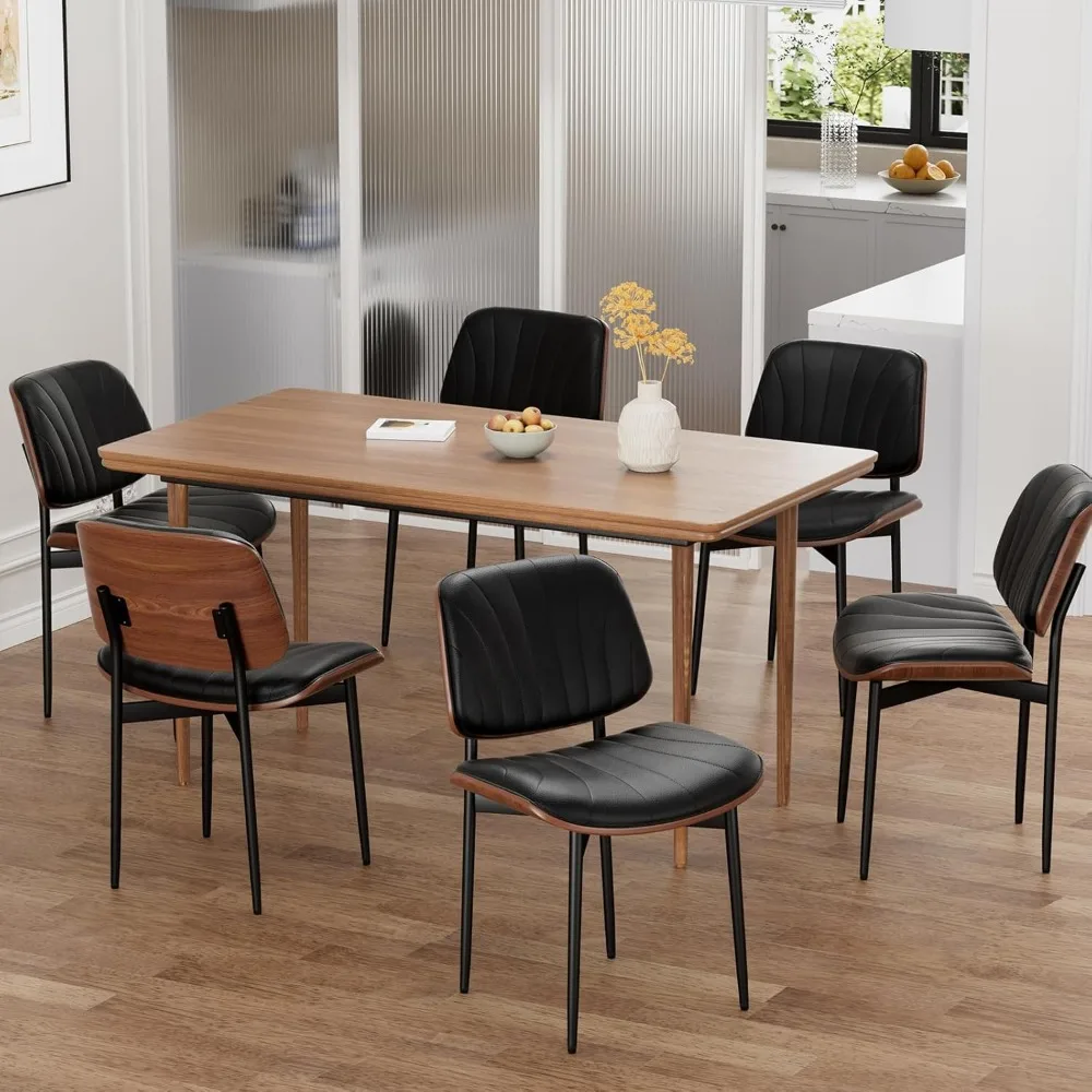 Eetkamerstoelen Set Van 4, Mid-Century Modern Gestoffeerde Pu Lederen Stoelen Met Gebogen Houten Rug En Metalen Poten Zwarte Schelpenstroken