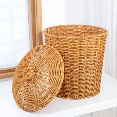 

Sturdy Multipurpose Storage Basket With Lid Woven Pp Material Bedroom Bathroom Laundry Hamper For Clothes Fruits Household