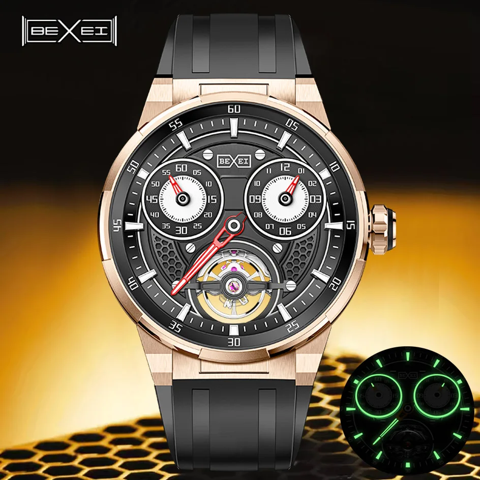 

BEXEI мужские автоматические часы 42 мм с тремя иглами, механические наручные часы, светящийся водонепроницаемый сапфировый циферблат серии «Сова»