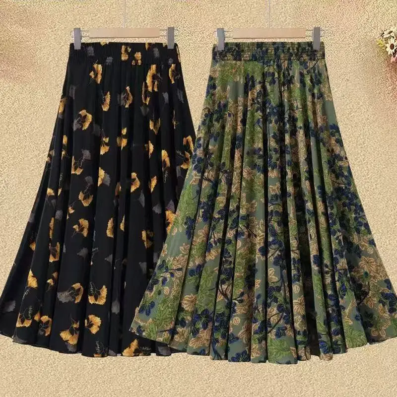 

Новая летняя женская длинная плиссированная юбка с высокой талией и цветочным принтом, элитные юбки из ледяного шелка трапециевидной формы с силуэтом Ci Walk
