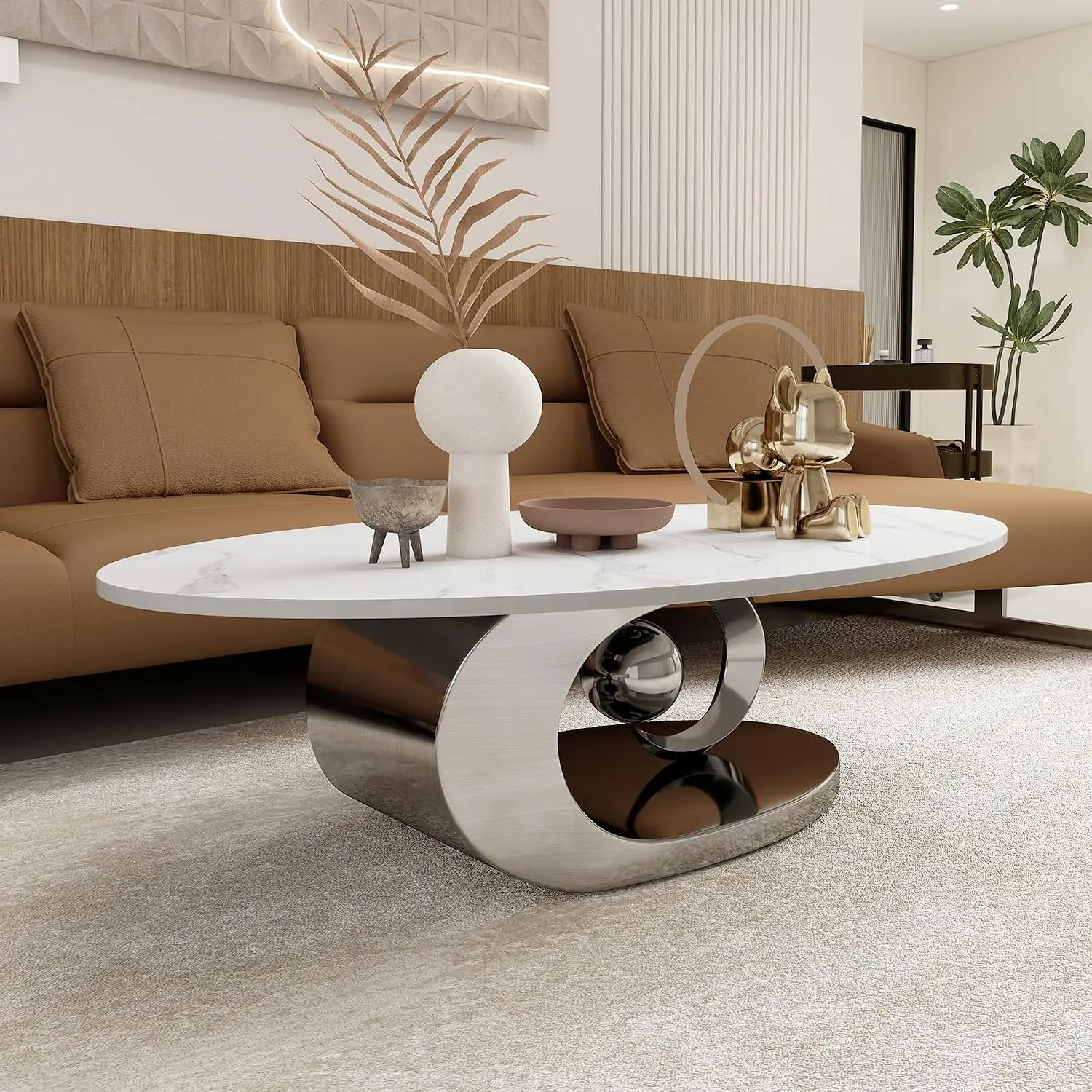 Marble Texture Oval Coffee Table Stainless Steel Base Modern Living Room Office Center Table, Customized