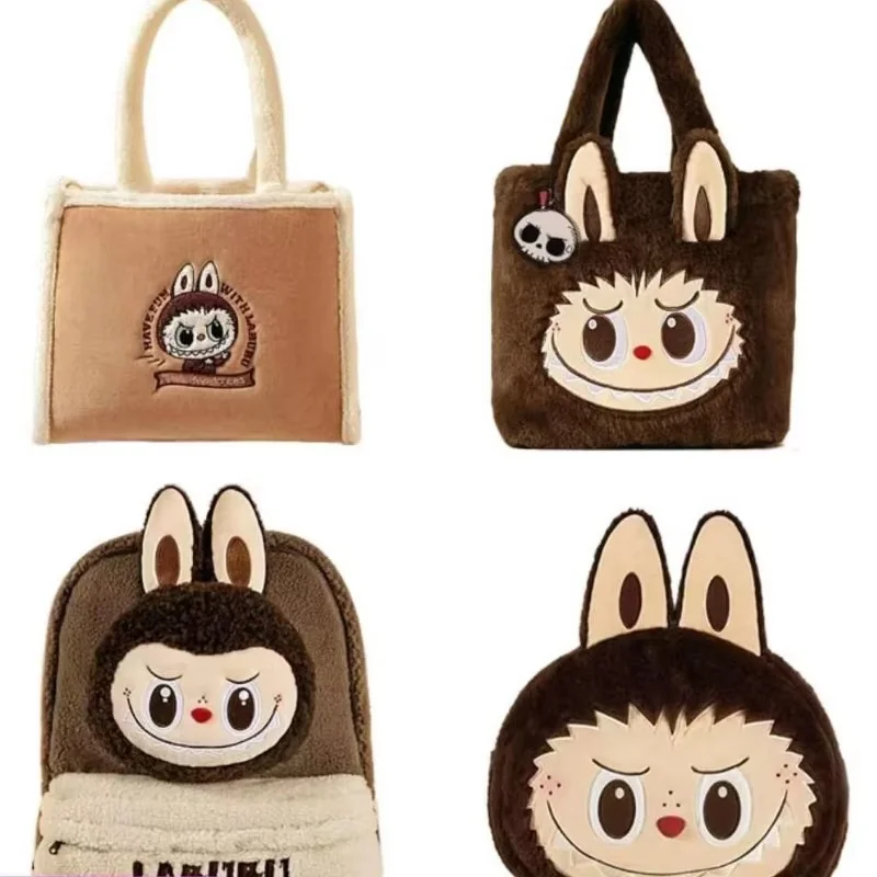 Genuine Labubu Large Capacity Lamb Wool Backpack Fashion Flip Bag Labubu Anime Figure Cute Plush Tote Bag Girl'S Birthday Gift