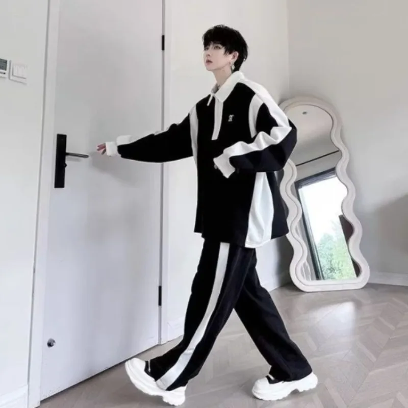 

Classic Black White Split Color Sports Suit Men Long Sleeve Polo Shirt Pants Breathable Street Style