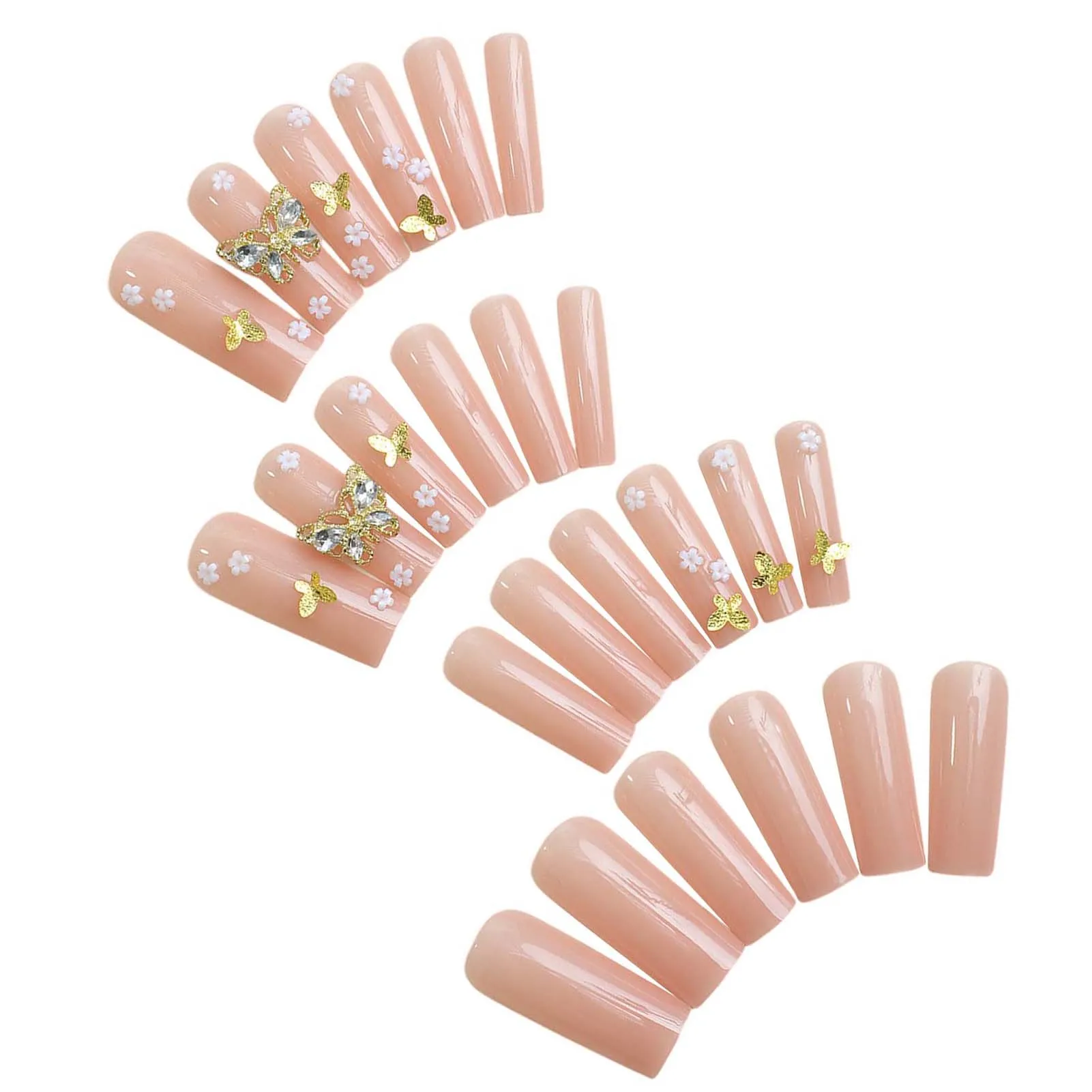 Nude Long Tube Fake Nails with Butterfly Decor Natural Unbreakable Nail Simple Wear for Hot Girl Dress Matching