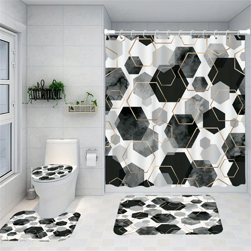 1/4 Piece Black Abstract Geometric Set Waterproof Shower Curtain With 12 Hooks Non-Slip Bathroom Mat