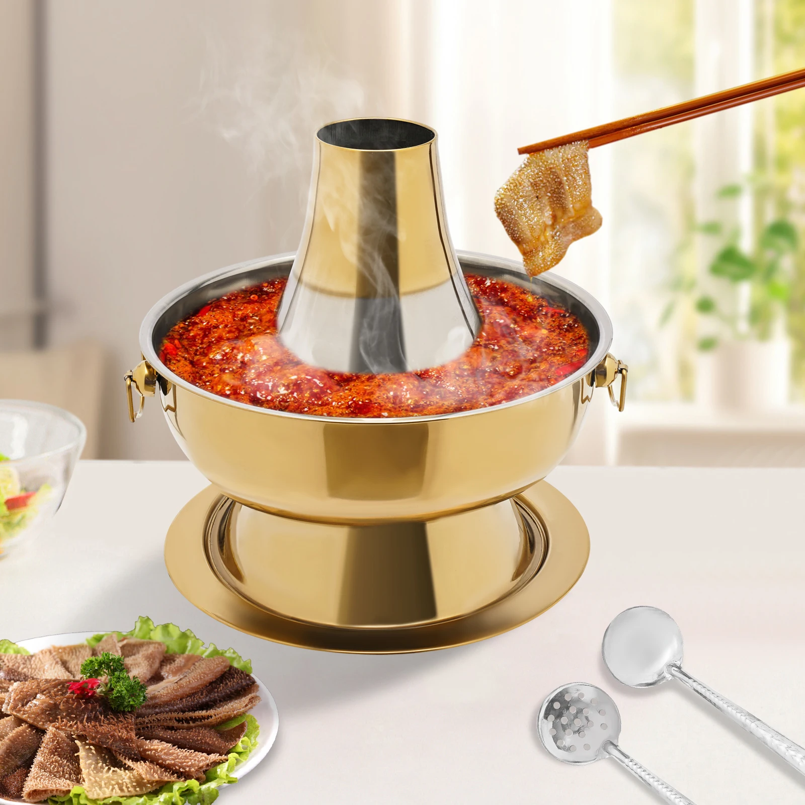 2.3L Stainless Steel Hot Pot, Chinese Charcoal Hotpot, Camping Stove, Chinese Meat Fondue Lamb Cooker for Indoor / Outdoor Stove