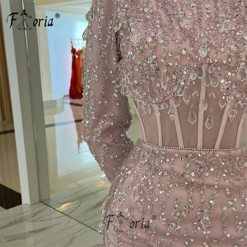 Light Pink Sequined Formal Dubai Evening Dresses Mermaid Crystal Feathers Party Gowns For Weddings 2024 Long Sleeves Prom Dress