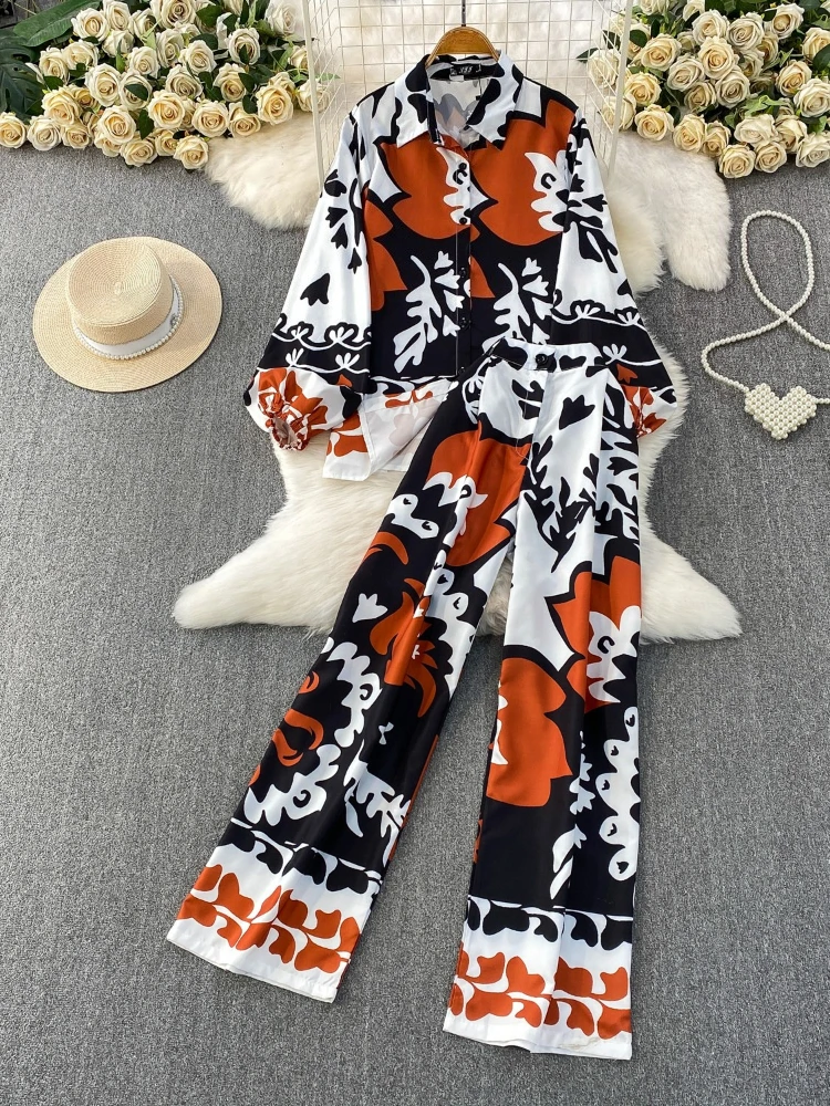 

French style casual print two-piece set lapel collar long sleeved sun protection shirt loose straight leg wide leg pants