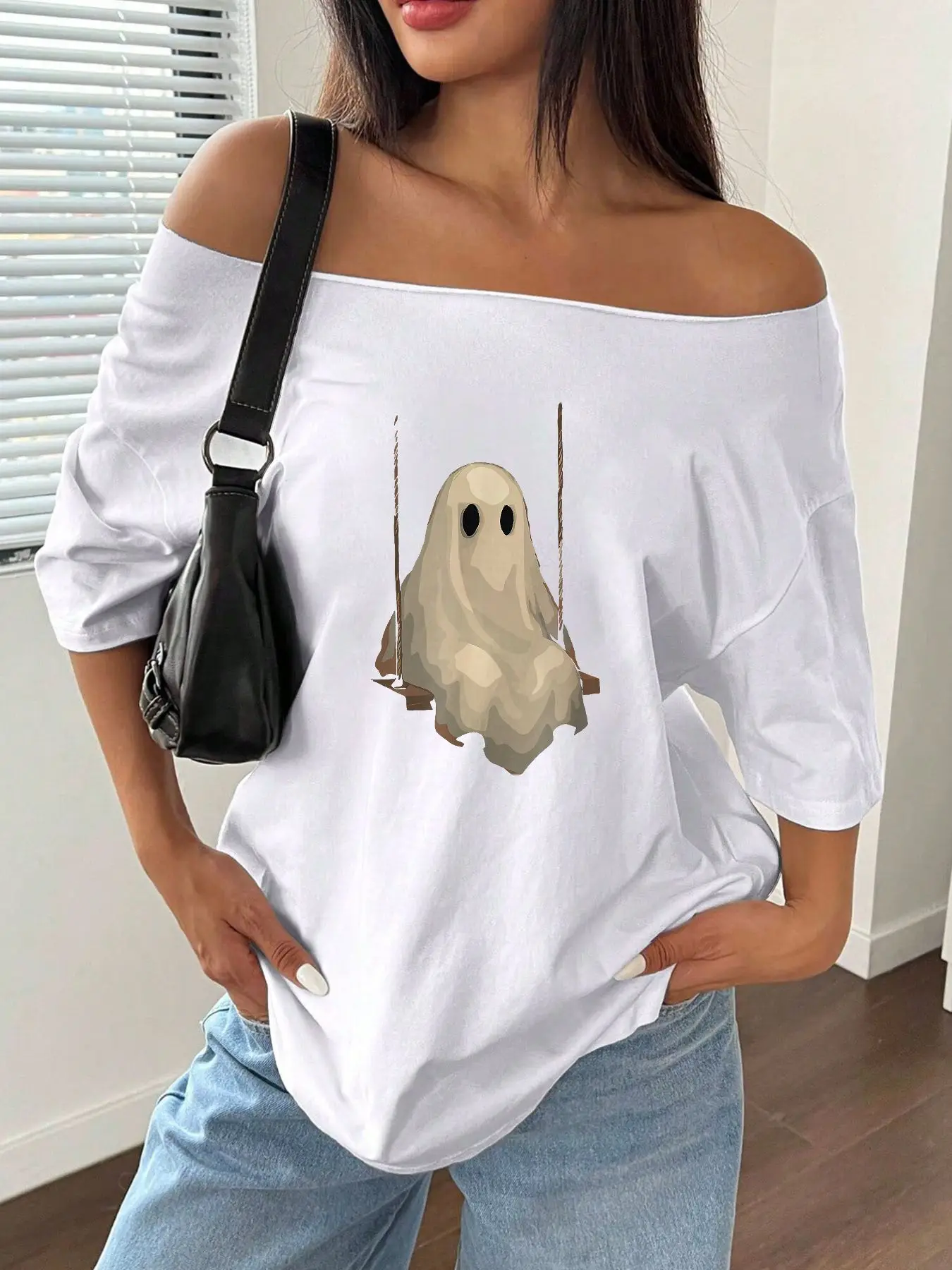 100% Cotton Plus Size Cute Ghost Pattern Swing Print Shoulder Loose Print T-Shirt Oversized Y2K Style Graphic Tees Women Tops