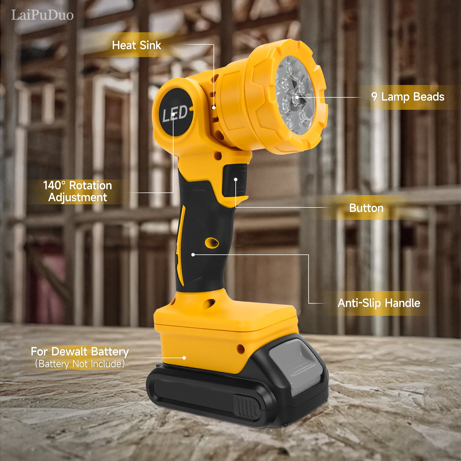 Cordless LED Work Light 10W 500LM Portable Spotlight Outdoor Camping Fishing Flashlight Tool Light for Dewalt 20V Battery Pin