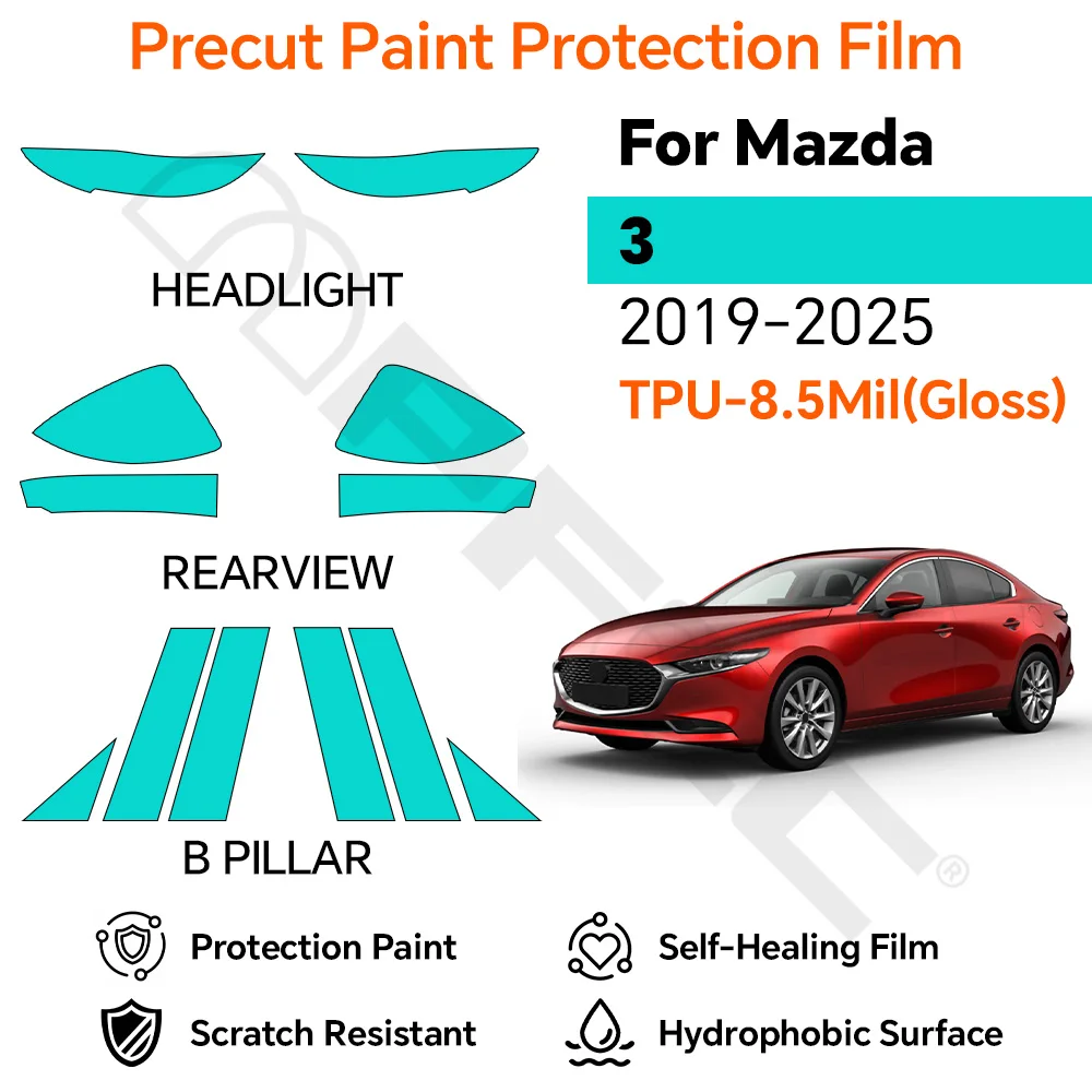 

Car Headlight Clear Protection Film Anti-UV Anti-Yellowing TPU Wrap for Mazda 3 2019-2025 PPF 8.5mil Clear Bra Accessories