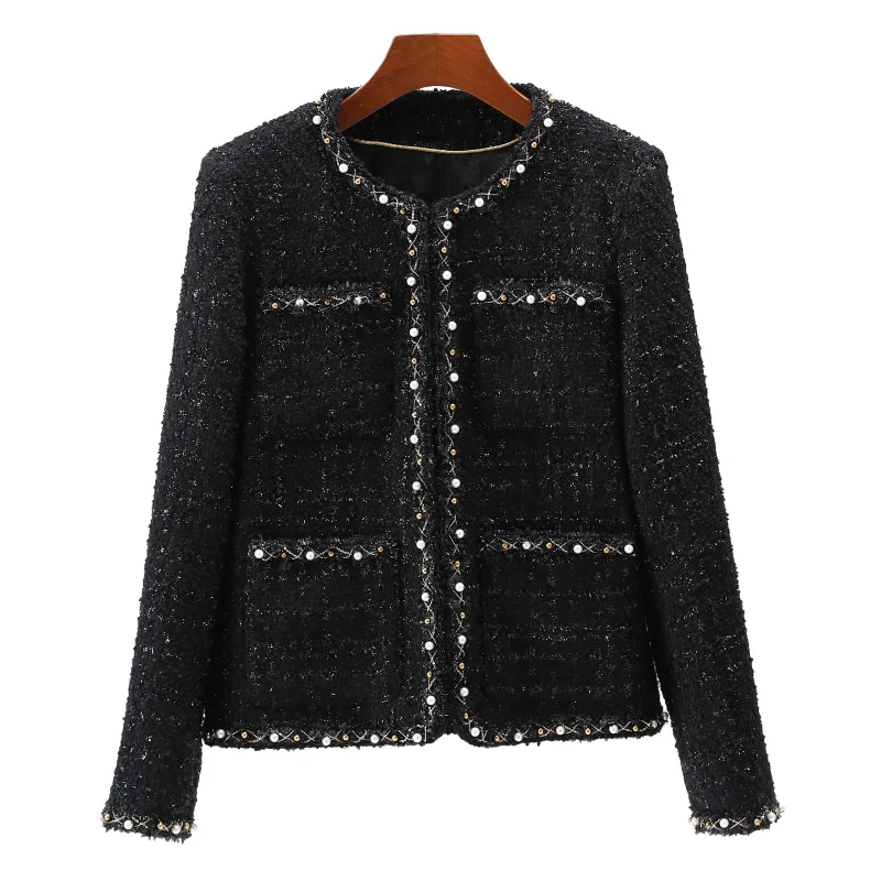 

High Quality Luxury Black Beaded Small Fragrance Jacket Women Autumn Winter Shiny Basic Long-sleeved Vintage French Tweed Coat