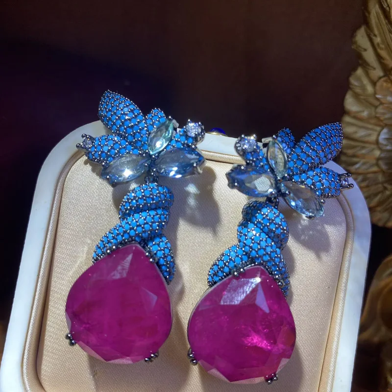 Teardrop Fuchsia Cubic Zirconia Dangle Earrings Butterfly Shape Paved Turquoise Tone Micro Stones Twisted Chain Dark Silver Tone