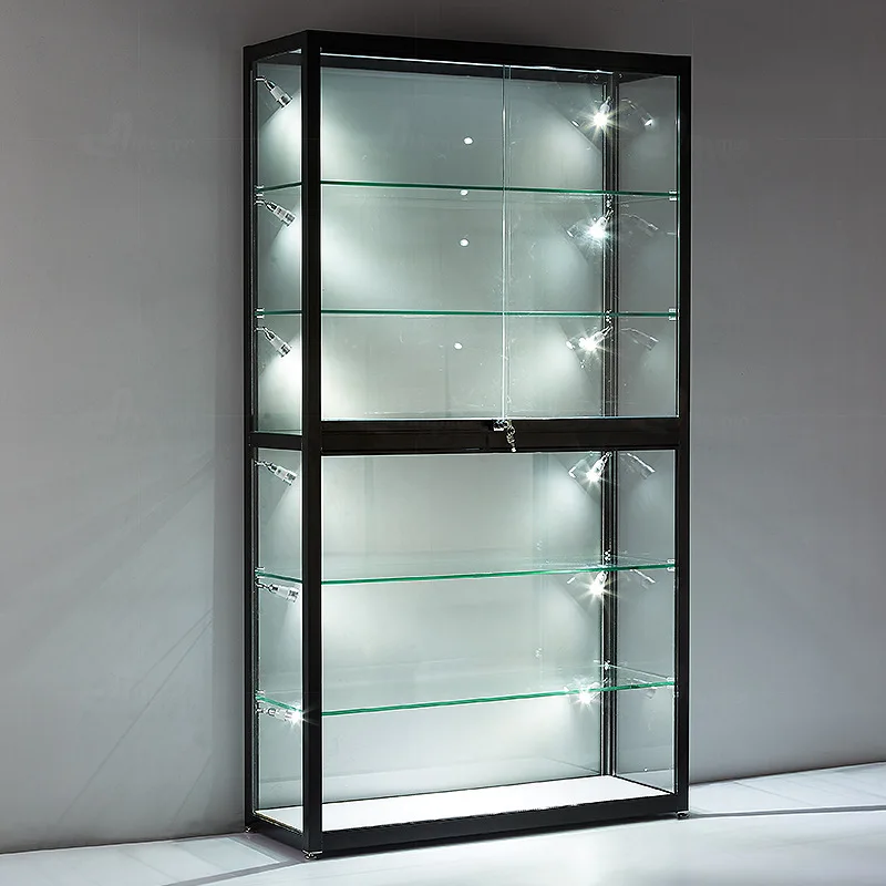 225 customized.Cheap Fashion Aluminum Showcase Tall Boutique Display Cabinet Lockable Glass Display Cabinet with LED Light