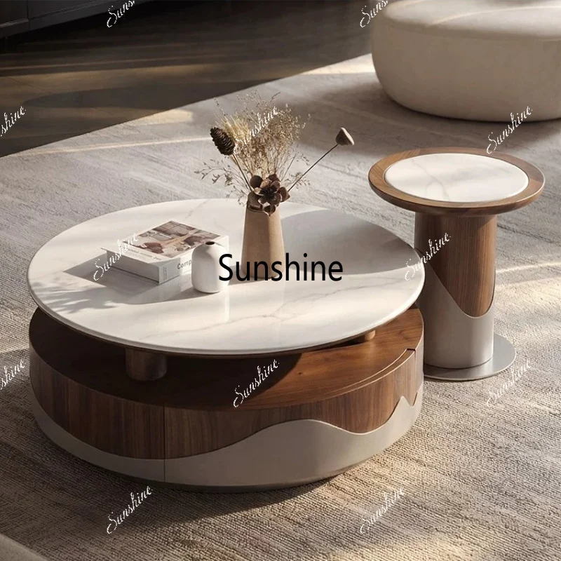 Italian light luxury living room small apartment coffee table round high-end solid wood coffee table
