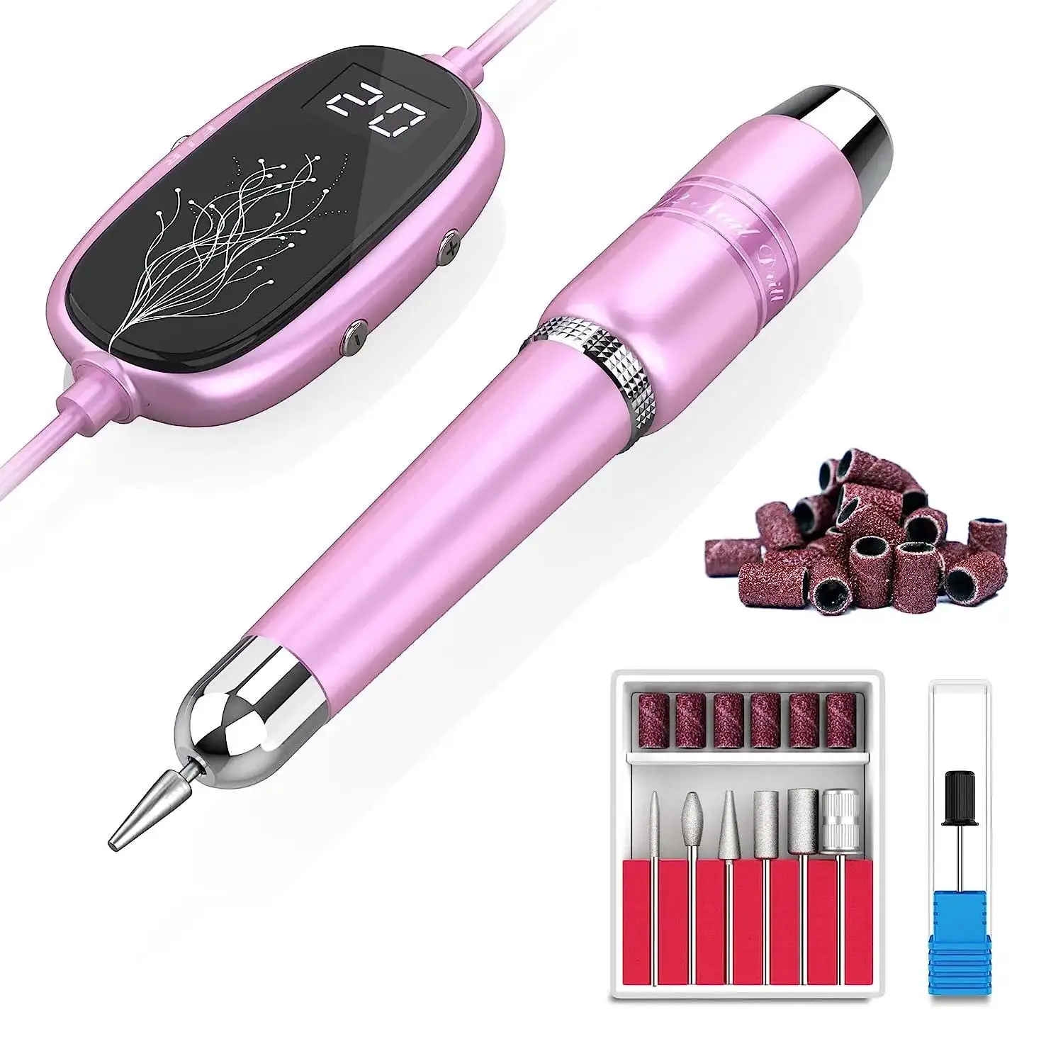 Kit elétrico prego broca com display LCD, arquivo de unhas recarregável, Acessório de manicure para remoção de esmalte acrílico, 20000RPM