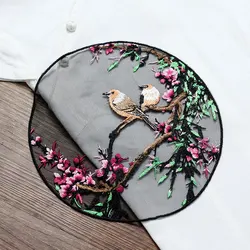 Flower and Birds Sew-on Circle Patch for DIY Embroidery, Chinese Style Fabric, Multi-color, Glue-free, Diameter 22cm, 1 Pc