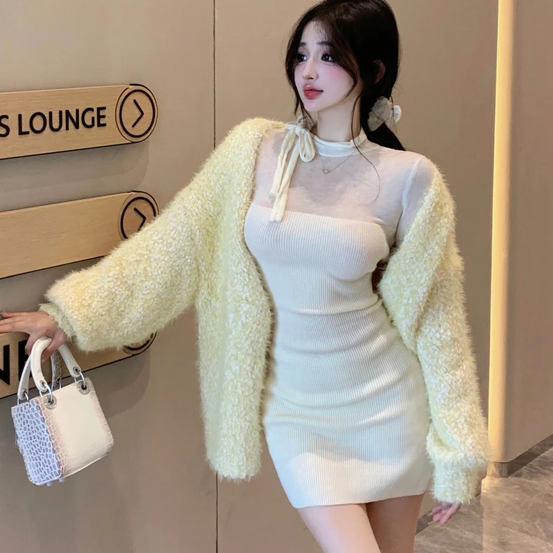 2026 Nuova Primavera Autunno Manica Lunga Sheer Dolcevita Mini Abito per Le Donne Coreano Slim Fit e Temperamento Dimagrante Abito Elegante