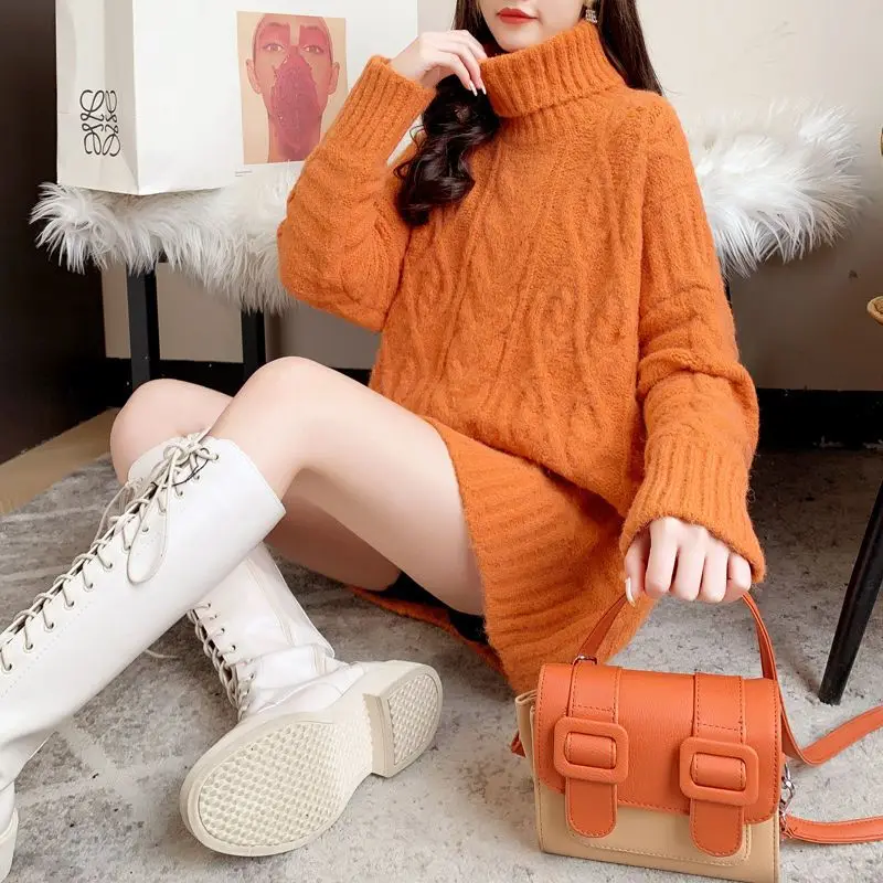 DAYIFUN-Women's Loose Knitted Pullovers Mid Length High Neck Fried Dough Twists Ladies' Jumpers Autumn Winter New Sweaters 2023