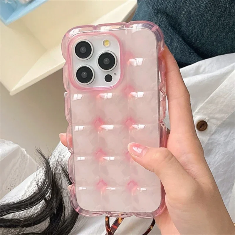 

Simple Lattice Grid Clear Pink Wave Phone Case For iphone 15 14 13 12 11 Pro Max Cute Girl Soft Cover Shockproof Anti-drop Shell