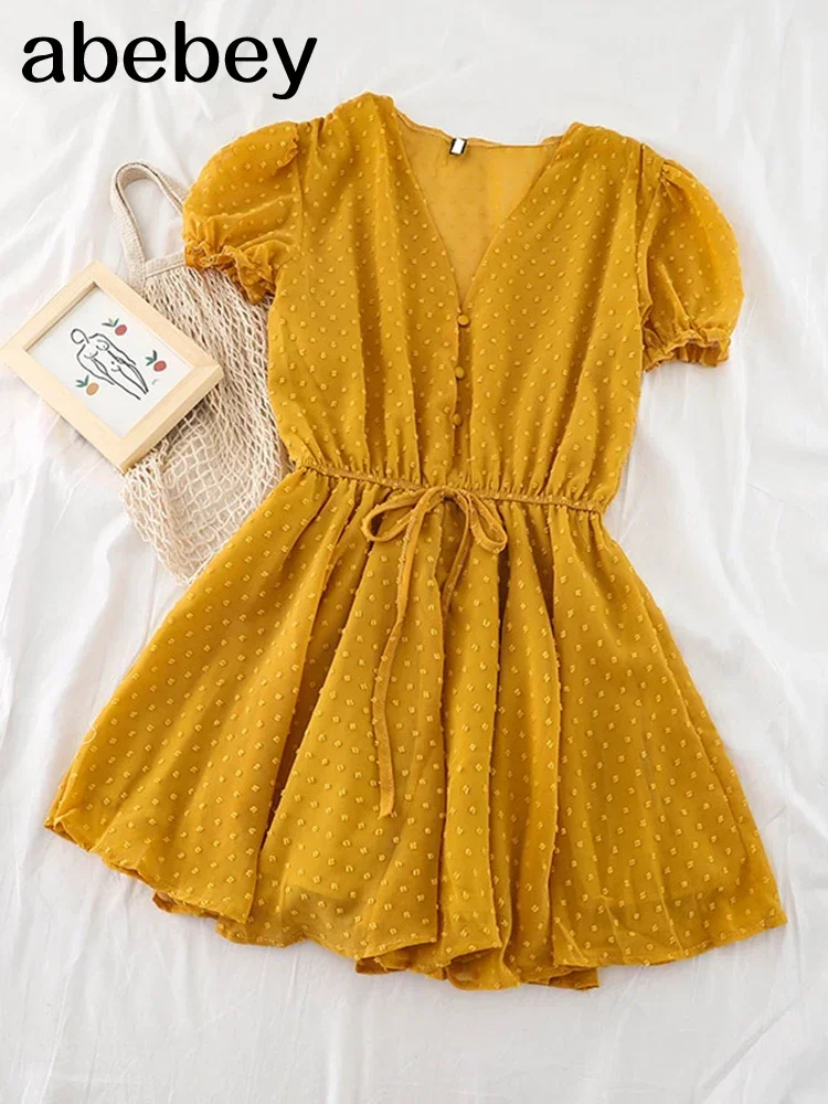 Women Dot Chiffon Rompers short sleeves Korean beach overalls bohemian loose casual summer wide leg pants playsuits