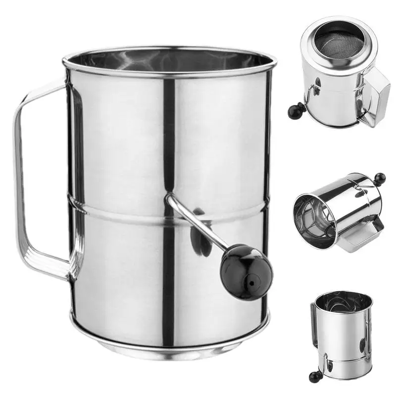 Flour Sieve Stainless Steel Flour Strainer Handheld Cup Sifter Hand Crank Sieve For Baking Flour And Powdered Sugar