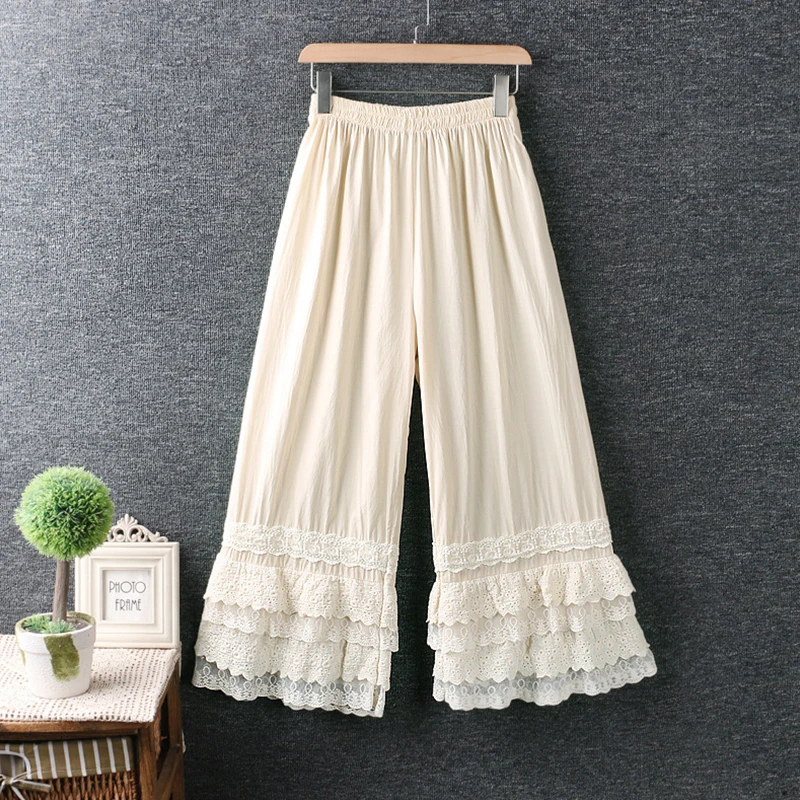 Spring Autumn Casual Sweet Loose Pants Women Clothing Literary Fresh Elastic Waist Cotton Linen Lace Wide Leg Pants K003