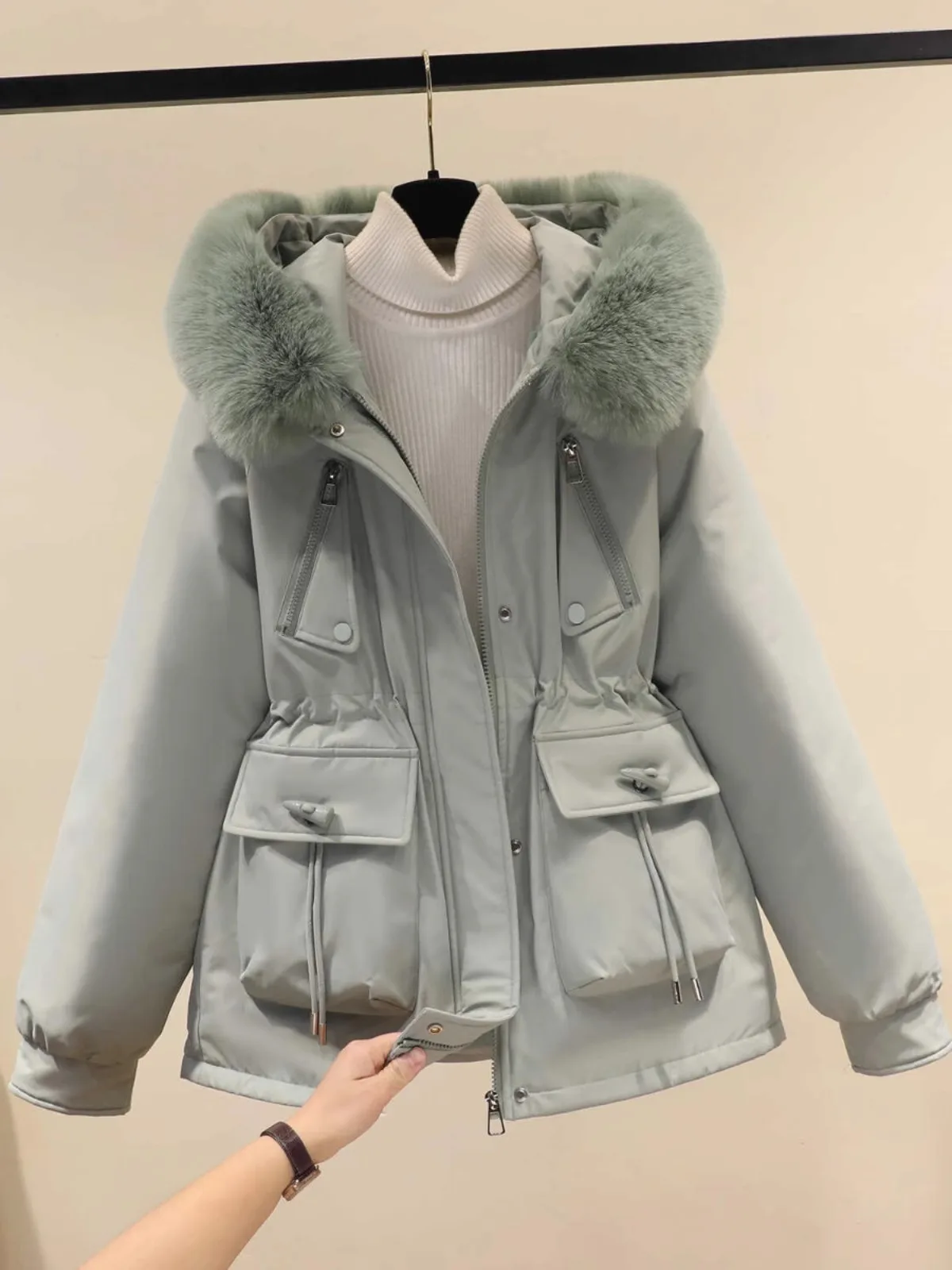 

Women's Quilted Fce Lined ort Puffer Jaet Thiened Cotton Coat Waist Cinched Winter Outerwear Korean Sle Regular Sl...