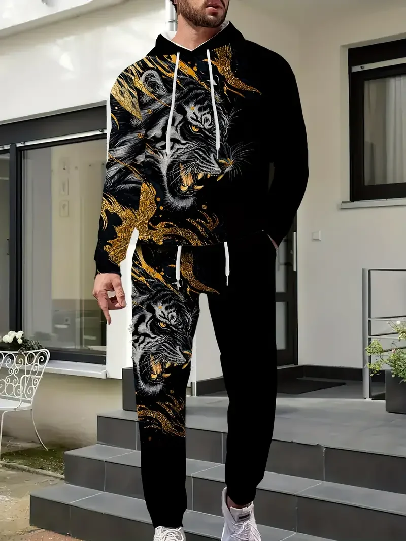 Trendy Men's 3D Animal Tiger Print Hoodies 2-Piece Set Fashion Men Women Tracksuit Outfits Outdoor Sports Sweatshirts Pants Suit - Image 2
