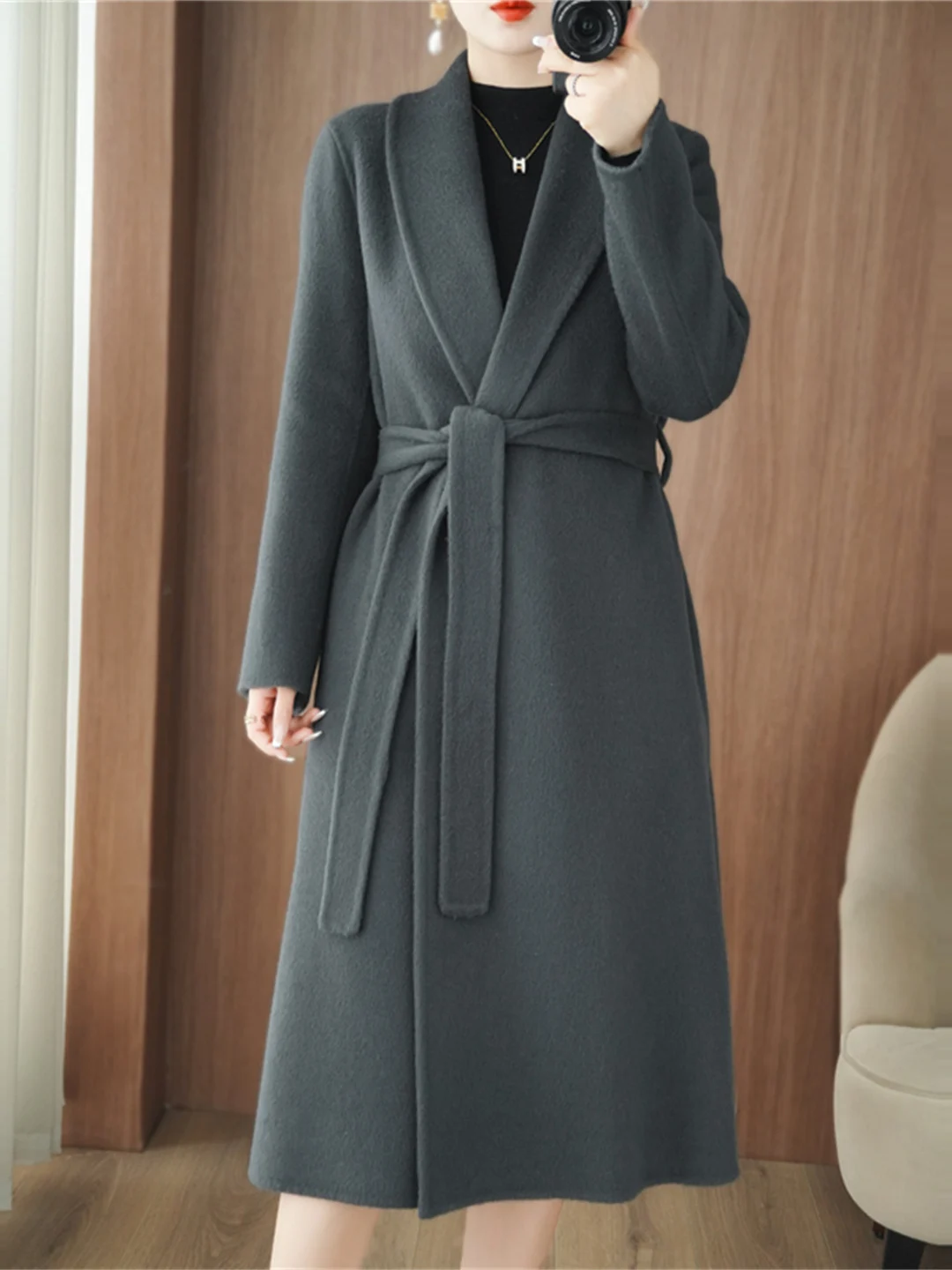 가을 겨울 양면 카메라 코트 여성용 중간 길이 울 100% 트위드 자켓 벨트 포함 다용도 슬리 한국 스타일