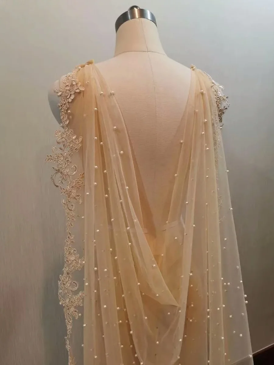 

Ladies Pearl Lace Trainee Shoulder Shawl Thin Sexy Long Dance Coat Wedding Dress Outerwear Elegant Ethnic Stage Costume