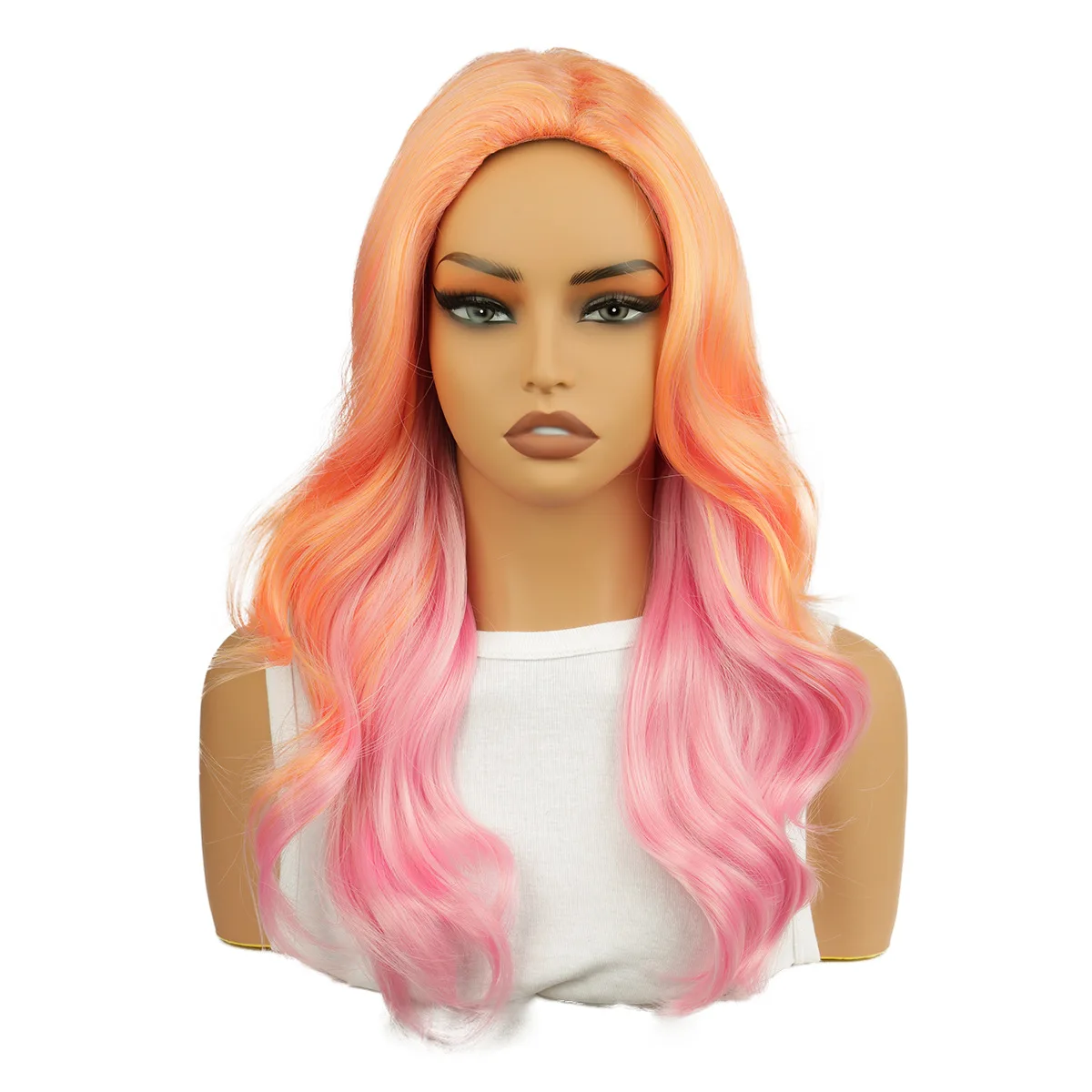 Orange pink highlights wavy partial wig female long curly hair chemical fiber full head cover coswig