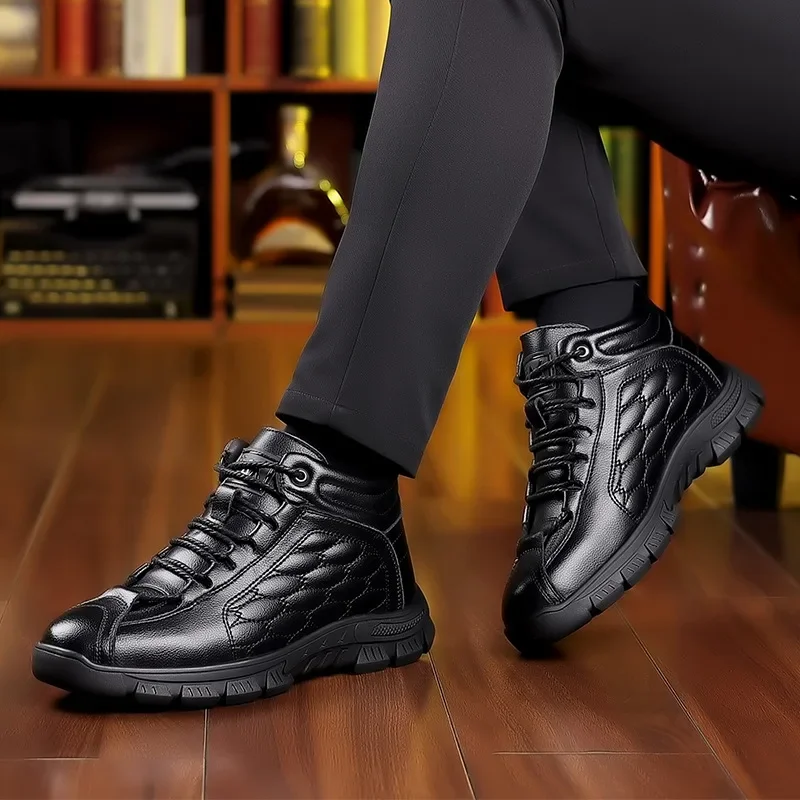 Botas de lana de cuero para hombre, zapatos informales de cuero genuino de felpa cálidos para invierno y exteriores, botas de nieve hasta el tobillo a la moda